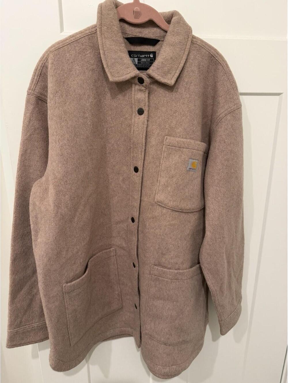 Carhartt Women’s XL Loose Fit Fleece Shacket Dusty Rose Pink Taupe Snap Jacket - Picture 4 of 8